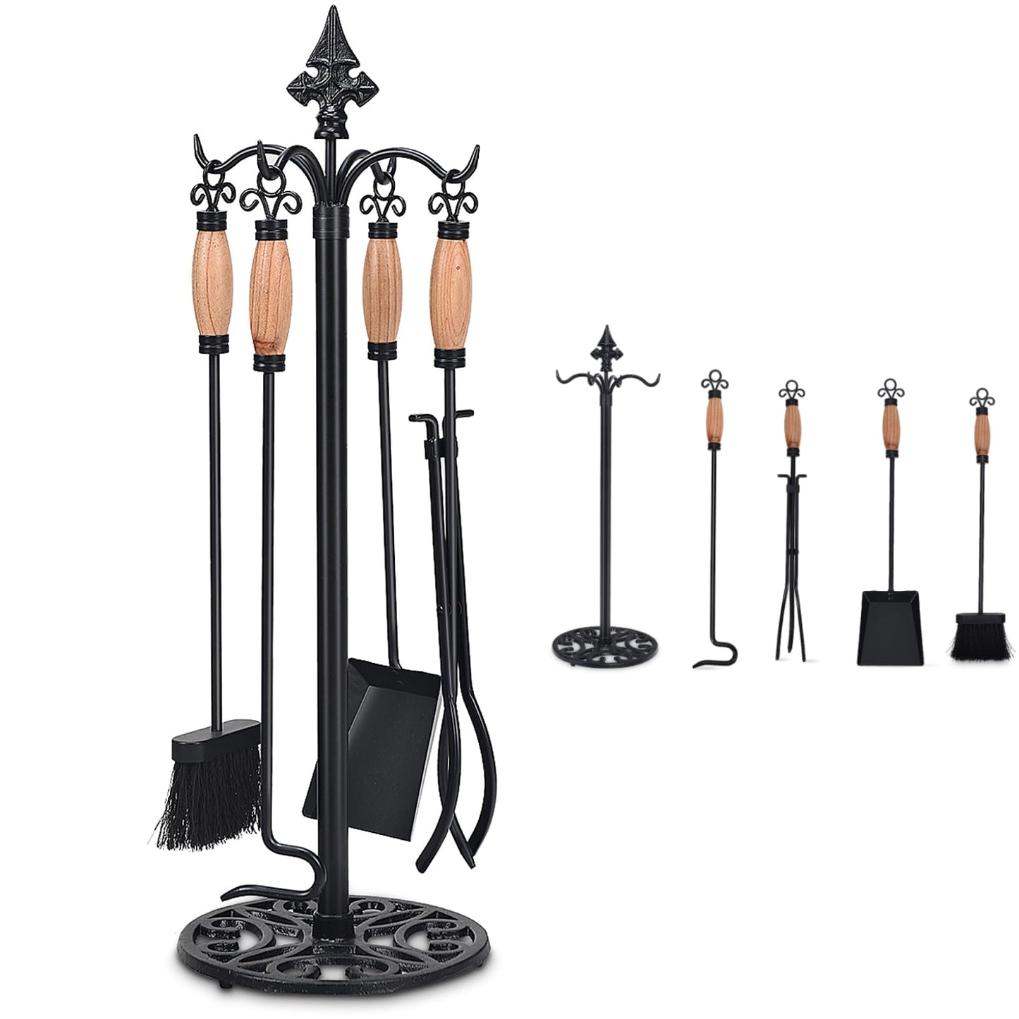 GiantexUK 5-Piece Fireplace Companion Set, Wrought Iron Fire Place Tools Set with Stand, Tong, Shovel, Brush & Poker (Natural + Black, 4 Hooks, Round Base)