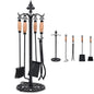 GiantexUK 5-Piece Fireplace Companion Set, Wrought Iron Fire Place Tools Set with Stand, Tong, Shovel, Brush & Poker (Natural + Black, 4 Hooks, Round Base)