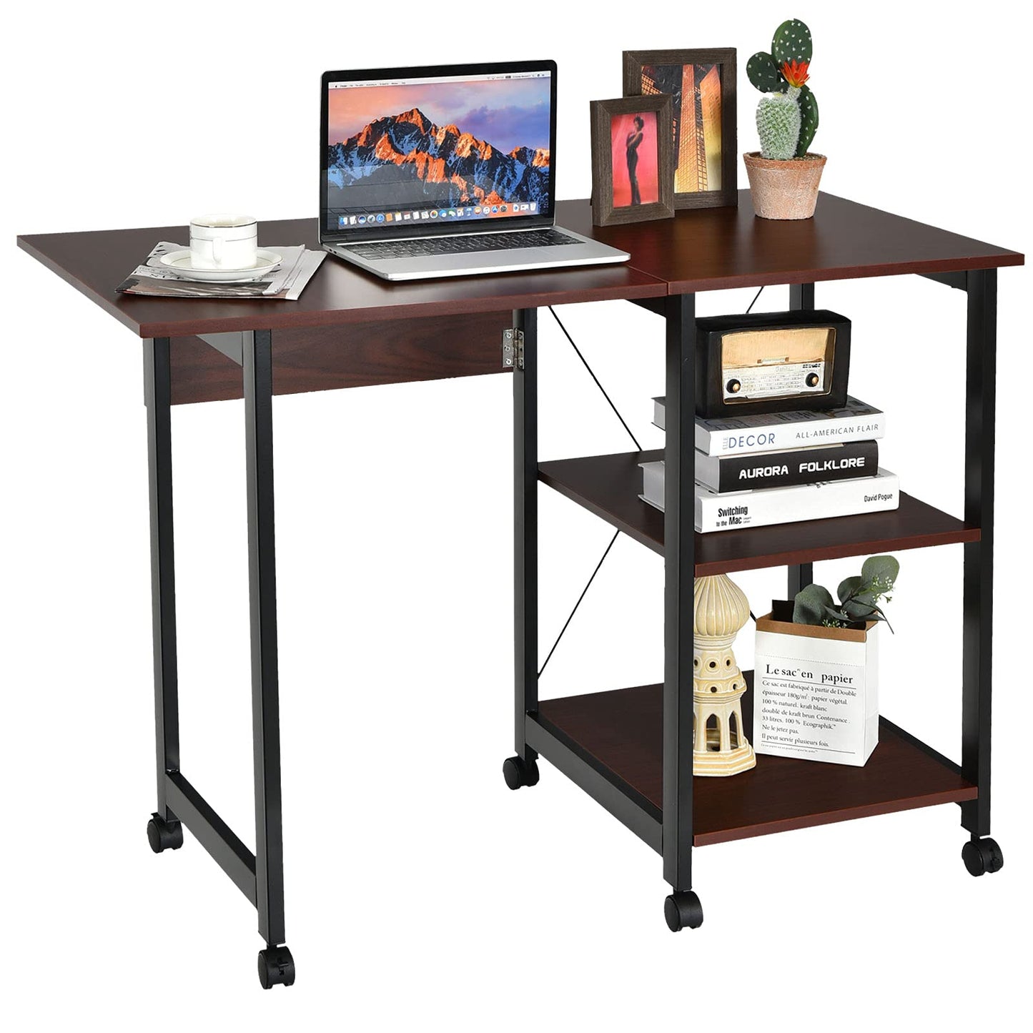 Folding Computer Desk, 2-In-1 Mobile PC Laptop Table with Rolling Wheels (Brown, 108 x 54 x 77cm)