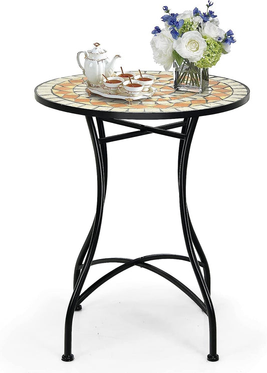 GiantexUK Garden Side Table, Metal Frame Round Mosaic Coffee Table