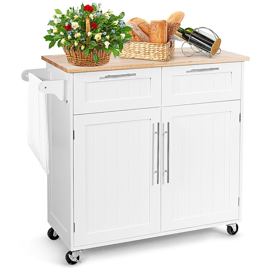 GiantexUK Kitchen Island on Wheels, Rolling Storage Trolley with Rubber Wood Countertop