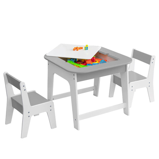 Kids Table and Chairs Set, Wooden Toddler Activity Table Set with Double-Sided Tabletop and Hidden Storage