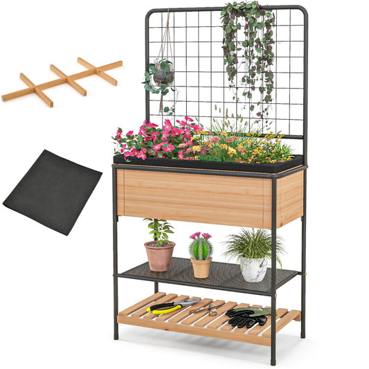 GiantexUK 3 Tier Raised Garden Bed with Trellis, Wooden Garden Planter Pox with Removable Grid Divider