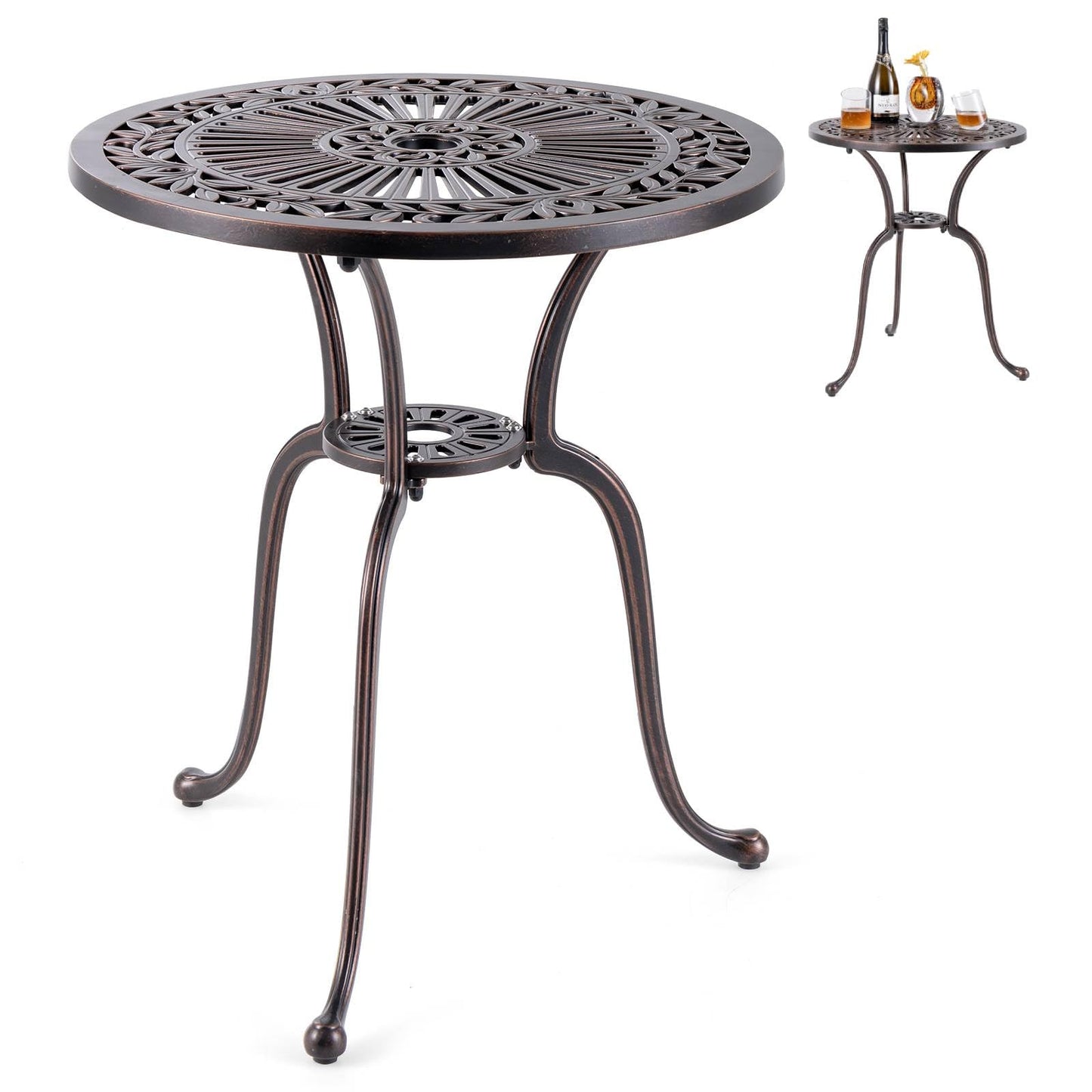 GiantexUK 61cm Round Garden Table, Cast Aluminum Patio Bistro Table with Umbrella Hole & Adjustable Foot Pads(3 Legs, 61 x 71cm)