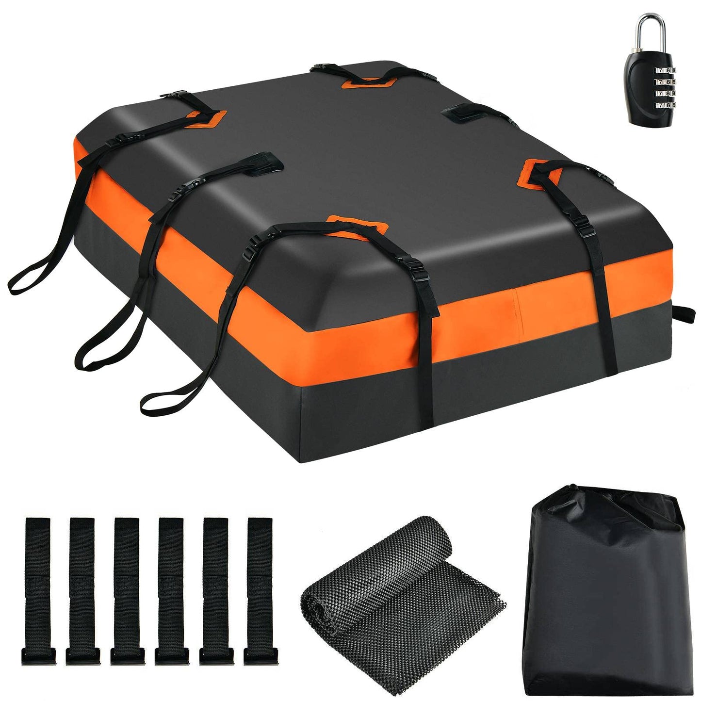 GiantexUK 15 Cubic Feet Car Roof Bag, Waterproof Cargo Top Carrier with Non-Slip Mat, Combination Lock, 6 Door Hooks & Straps