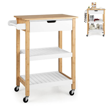 GiantexUK Kitchen Storage Trolley on Wheels, Serving Cart with Bamboo Worktop, Drawer, Storage Shelves