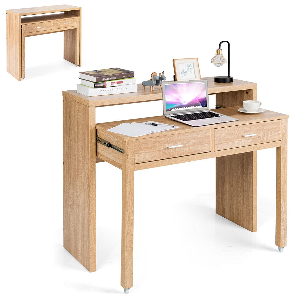 Extending Computer Desk, Wooden Study Writing Desk PC Laptop Table with 2 Storage Drawers