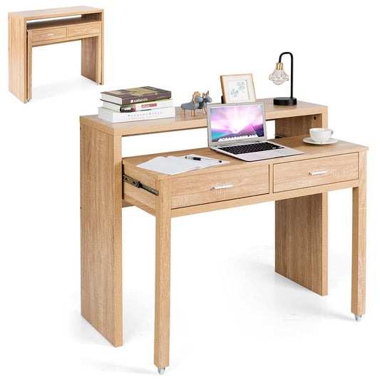 Extending Computer Desk, Wooden Study Writing Desk PC Laptop Table with 2 Storage Drawers