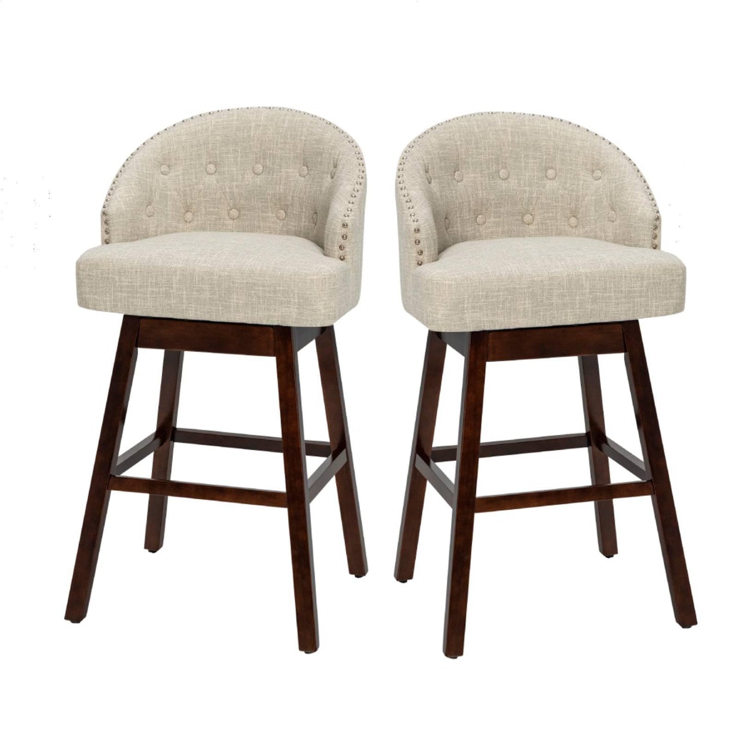 GiantexUK Set of 2 Bar Stools, Upholstered Swivel Kitchen Barstools with Padded Backrest & Rubber Wood Legs