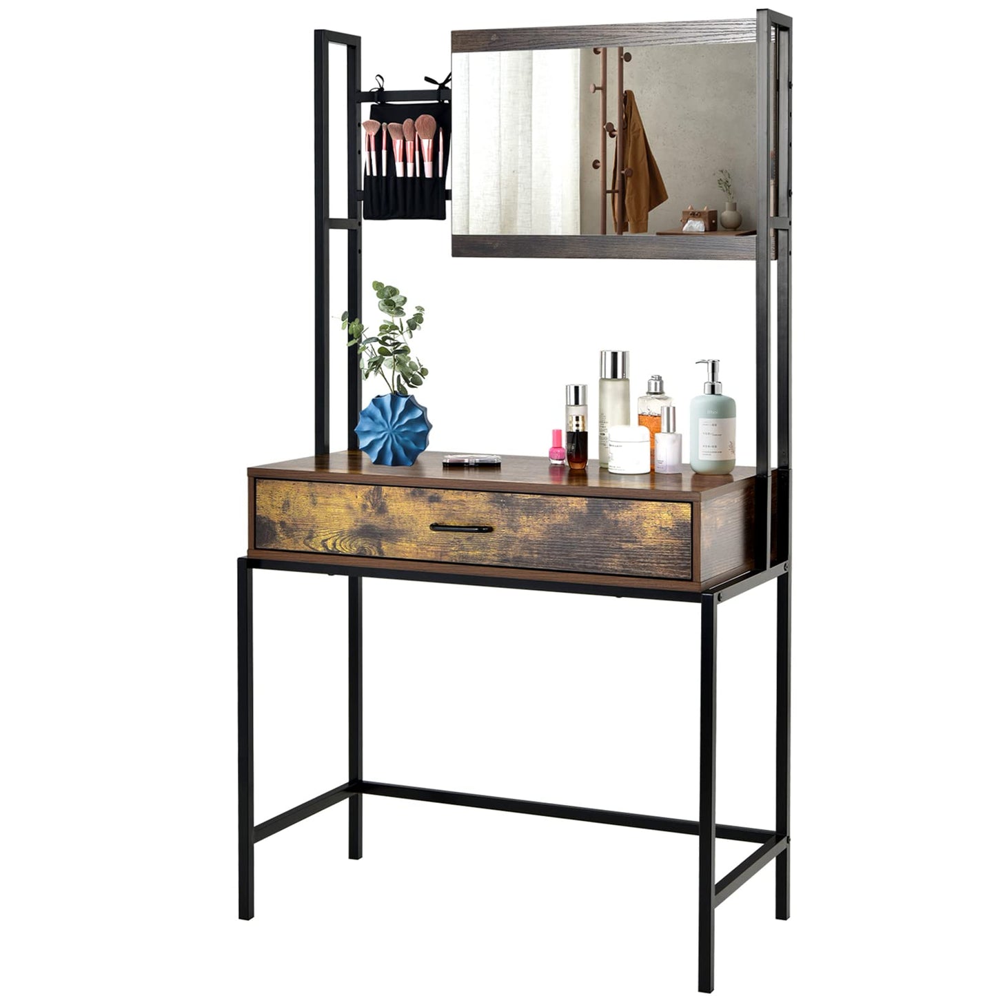 Industrial Dressing Table, Makeup Vanity Table with 3-Position Adjustable Mirror, Drawer and Cosmetic Brush Bag