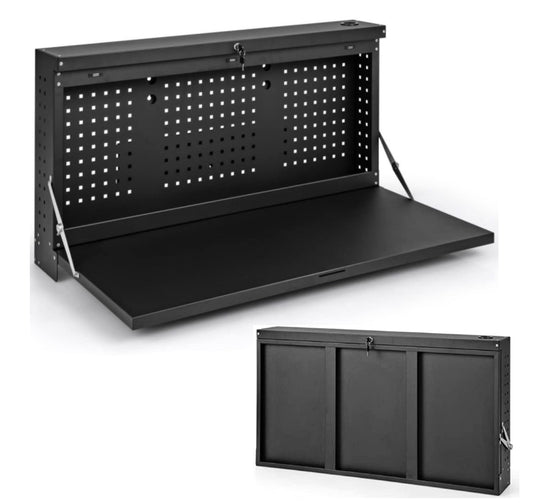 GiantexUK Wall-Mounted Workbench, Foldable Pegboard and Shelf Tool Rack Organiser Holder with Keys