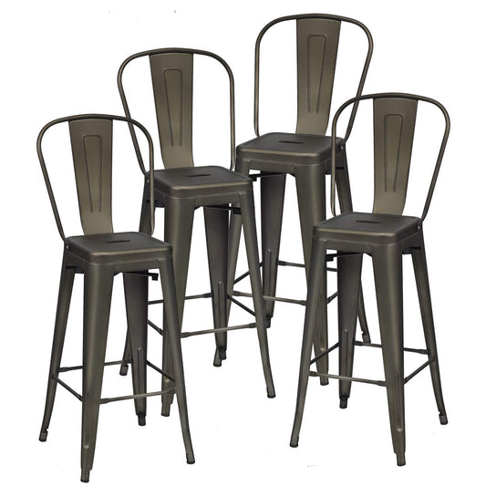 GiantexUK Bar Stools Set of 4, 76CM Seat Height Stackable Metal Kitchen Chairs with Handles, Footrests & Rubber Foot Pads