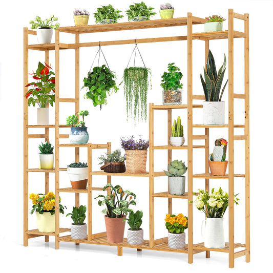 Bamboo Plant Stand, 9-Tier Flower Pots Rack with Hanging Rack, Slatted Shelves & Anti-Toppling Device