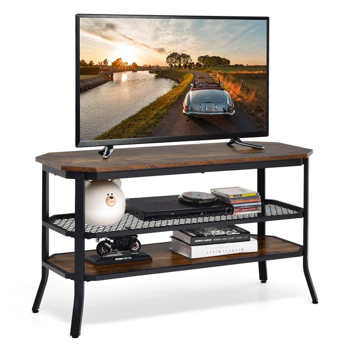 TV Stand for TVs up to 46 Inches, Wooden TV Cabinet Media Entertainment Center with Mesh Storage Shelf & Metal Frame