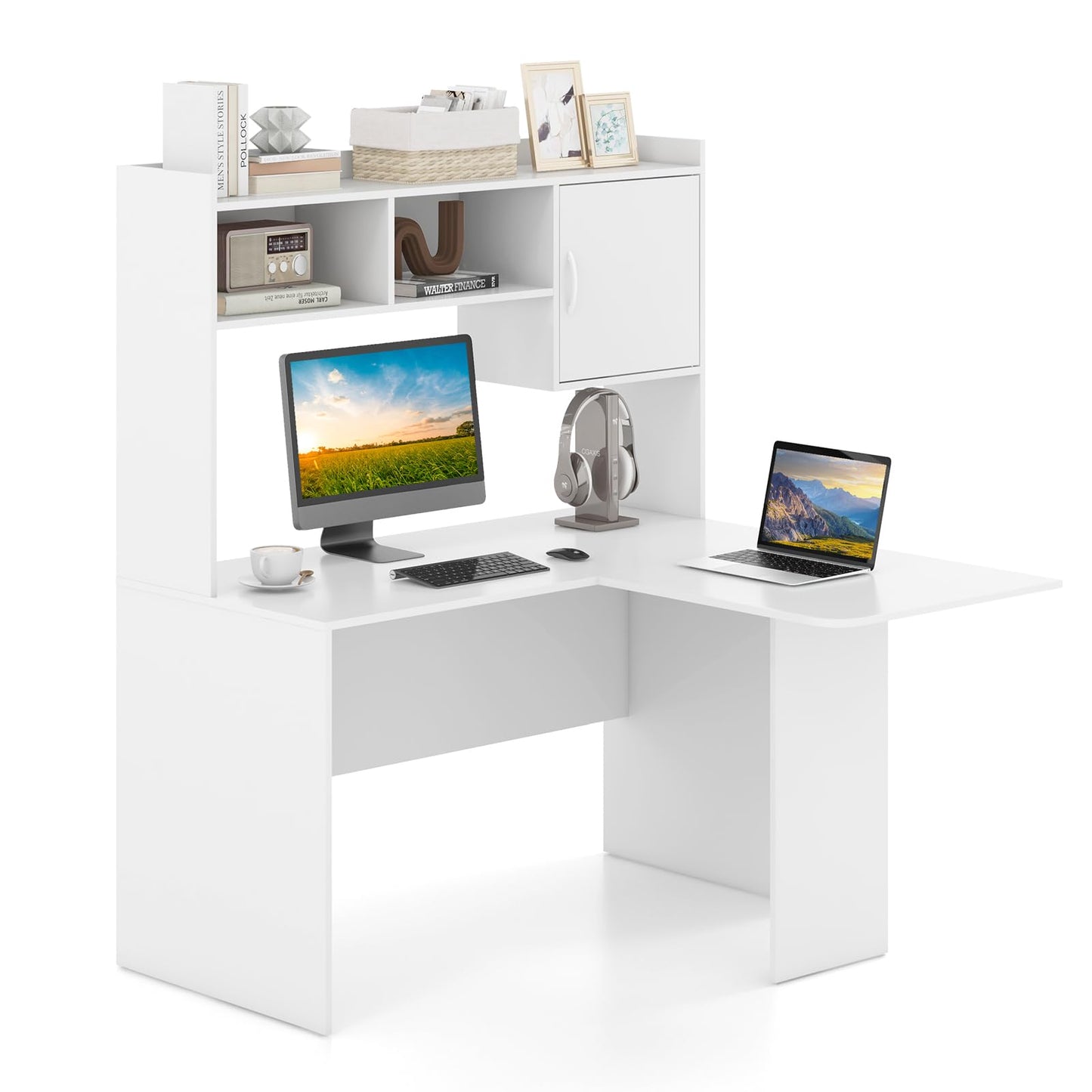 L-Shaped Computer Desk, Corner Writing Workstation PC Laptop Table with Hutch