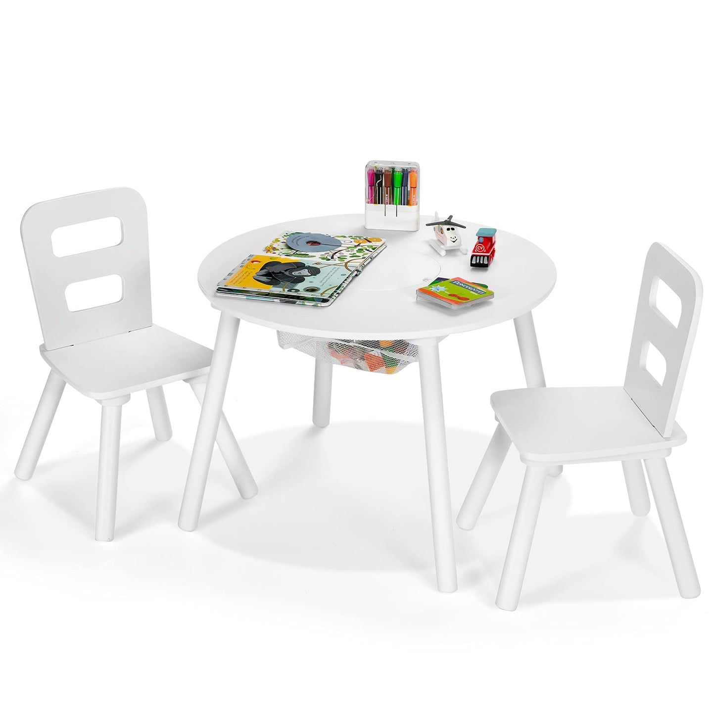 Kids Table and 2 Chairs Set, Wood Activity Tables with Center Mesh Storage (White)