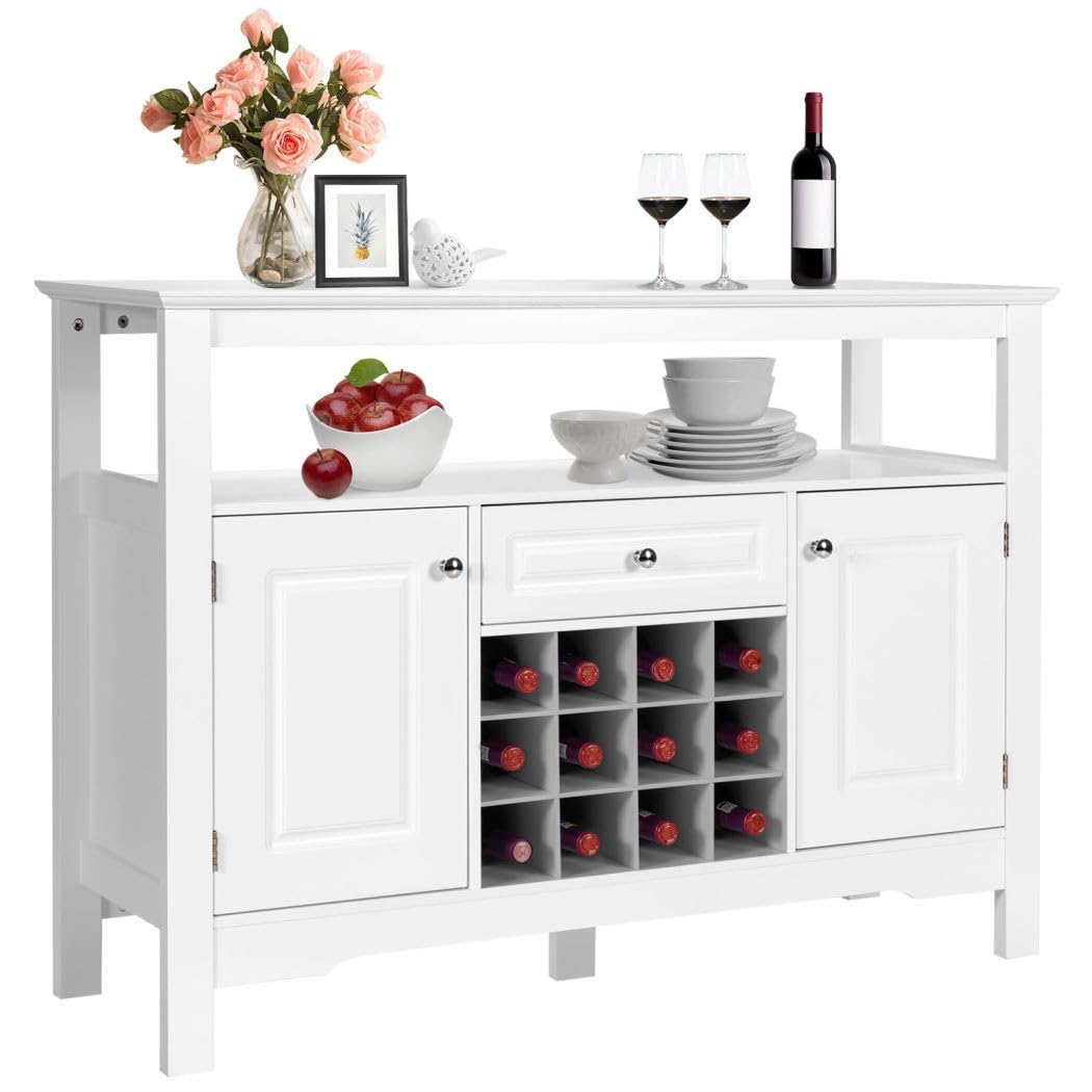 GiantexUK Wooden Storage Cabinet, Freestanding Bar Buffet Sideboard with Wine Rack, Drawer & Shelf