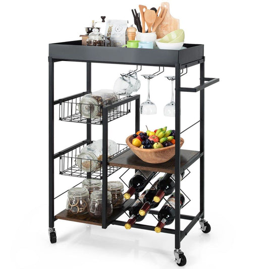 GiantexUK 4 Tier Service Cart, Industrial Kitchen Storage Trolley with Side Handle, Glass Holder, Removable Tray and Lockable Wheels