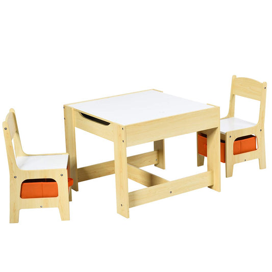 Kids Table Chair Set, Double Side Tabletop Table and 2Pcs Chairs with Storage Box