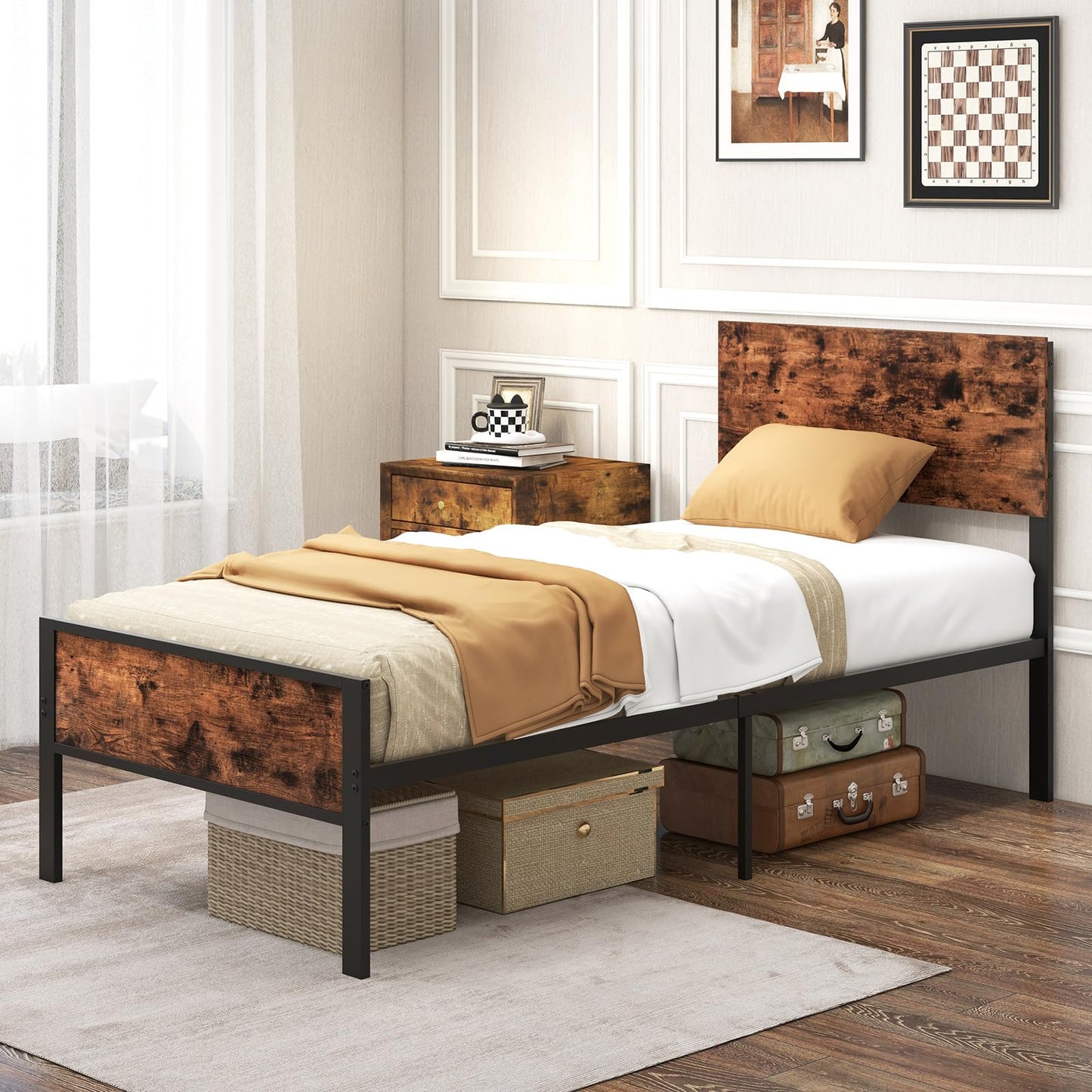 3FT Single Bed Frame, 35cm Metal Platform Bed with Rustic Headboard & Footboard