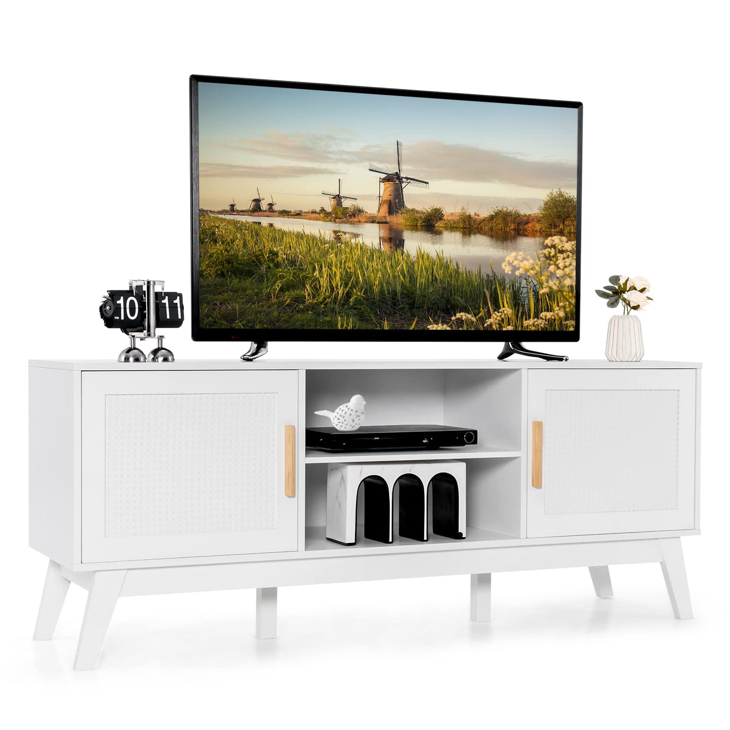 TV Stand for TVs up to 65", Rattan TV Cabinet Media Entertainment Center with Adjustable Shelves