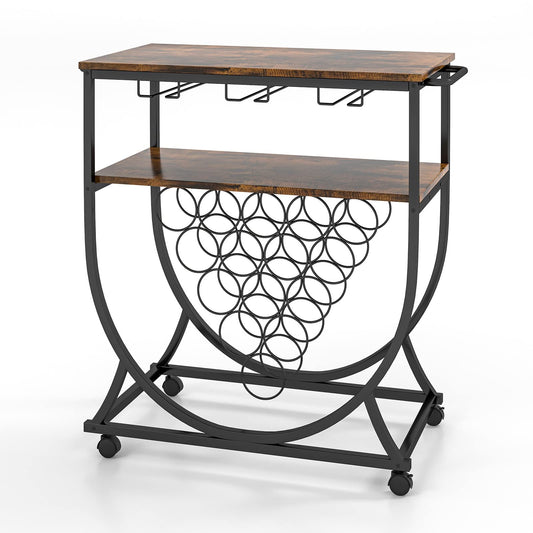 GiantexUK Drinks Trolley on Wheels, Rolling Storage Bar Cart with 2 Open Shelves, Wine Rack, Glass Holder and Handles