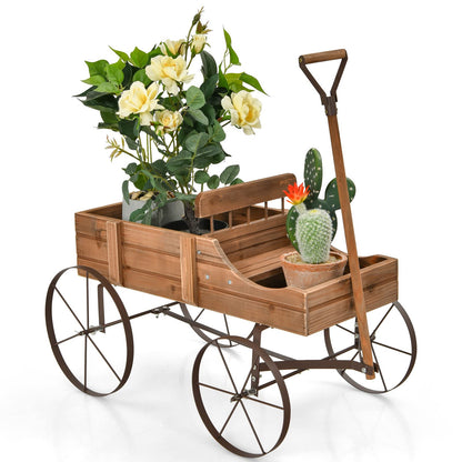 GiantexUK Wooden Wagon Garden Planter, Flower Cart with Long Handle and Flexible Wheels