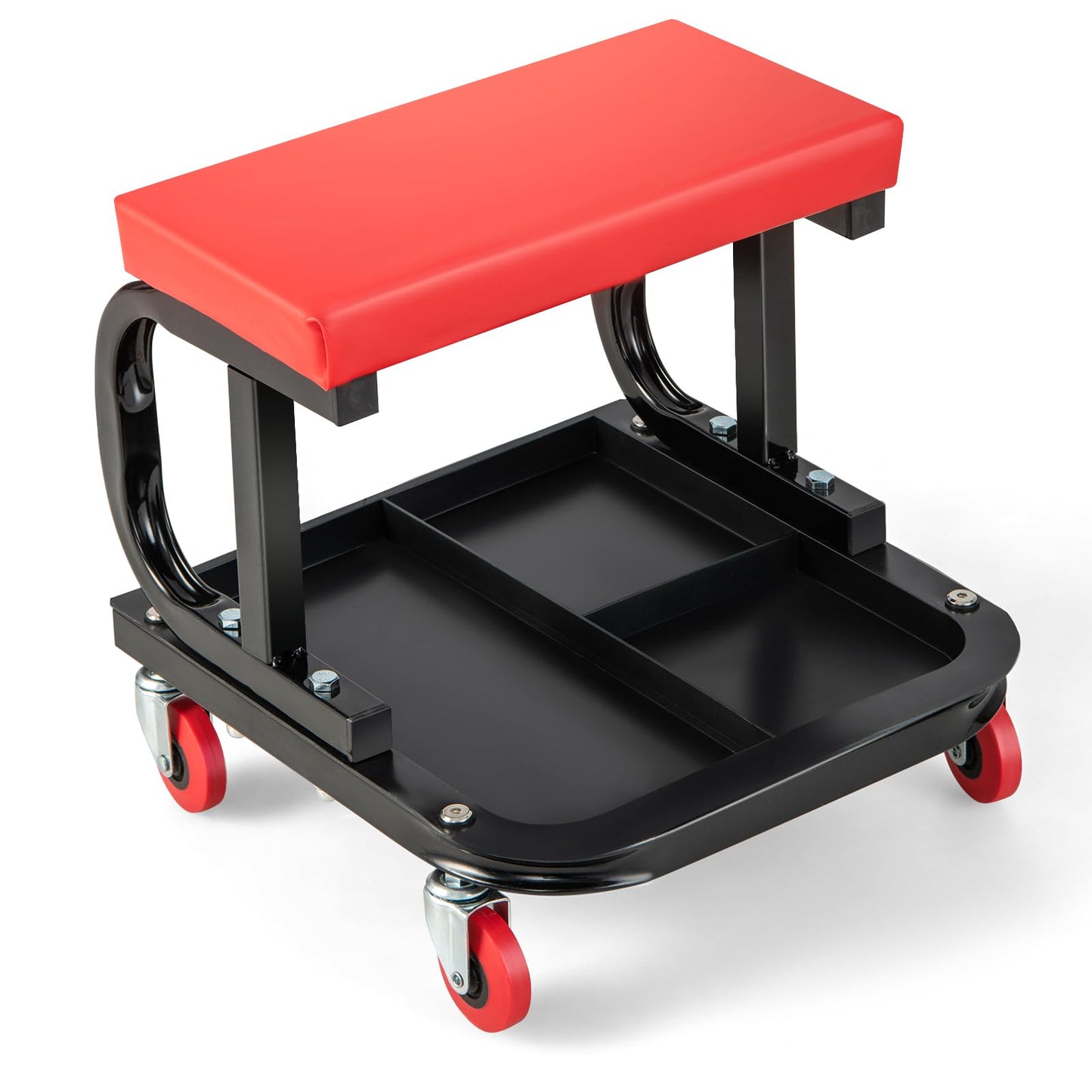 GiantexUK Rolling Mechanic Stool, Padded Creeper Trolley Seat with 4 Swivel Casters and Segmented Tool Tray Storage