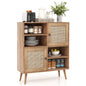 GiantexUK Rattan Storage Sideboard, Wooden Buffet Storage Cabinet with 2 Doors, 4 Open Cubbies & Anti-toppling Device