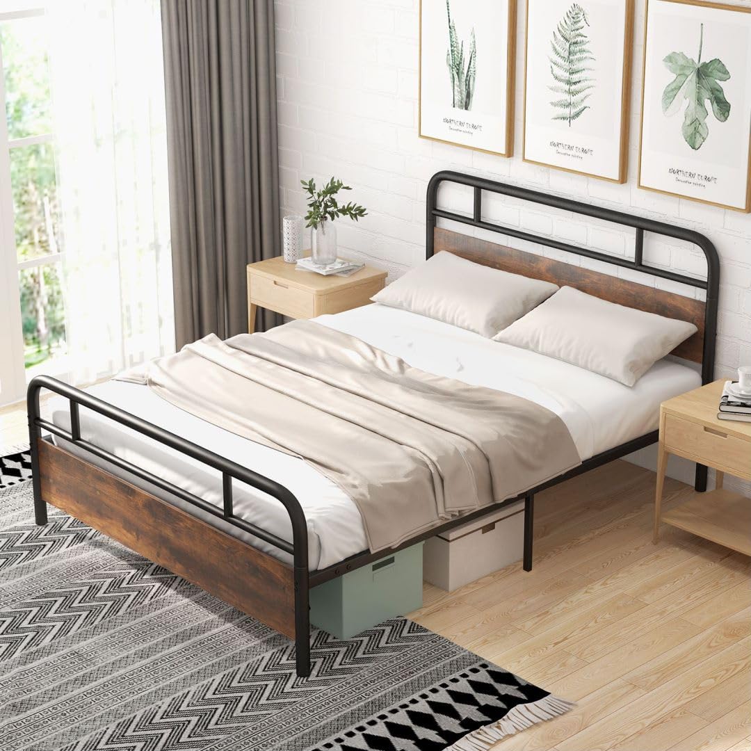 Single/Double/King Platform Bed Frame, Metal Slatted Mattress Foundation with Headboard & Footboard