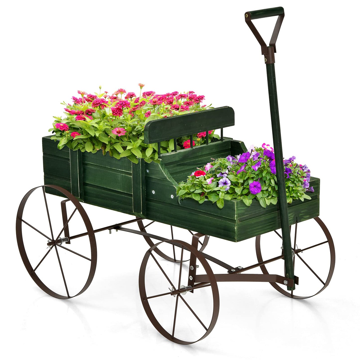 GiantexUK Wooden Wagon Garden Planter, Flower Cart with Long Handle and Flexible Wheels