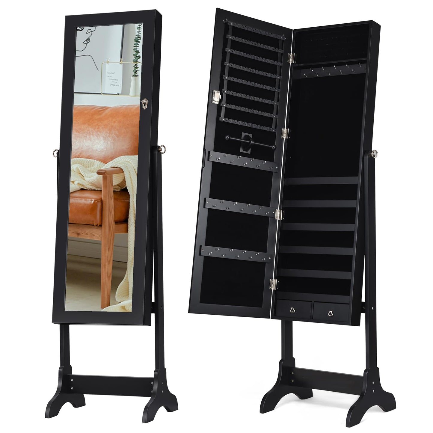 Freestanding Jewelry Cabinet, Lockable Cosmetic Storage Organizer with Full-Length Mirror & 4 Adjustable Angles