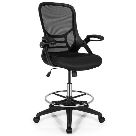 Mesh Drafting Chair, Ergonomic Swivel Office Chair with Adjustable Footrest (with Flip-up Armrests, Black)