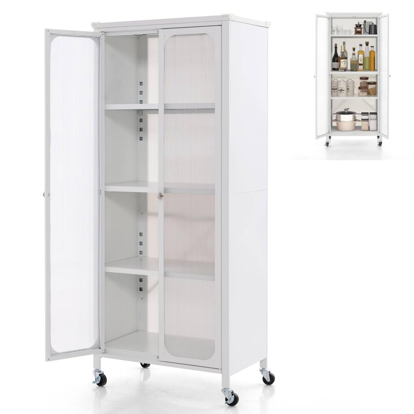 GiantexUK Storage Cabinet on Wheels, Mobile Kitchen Cupboard with Doors, Adjustable Shelves & Anti-Toppling Device