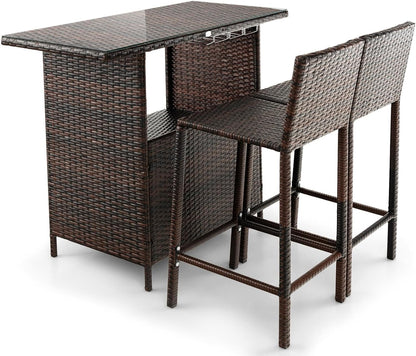 GiantexUK 3PCS Rattan Bar Table Set, Metal Frame Patio Bistro Set with Storage Shelves