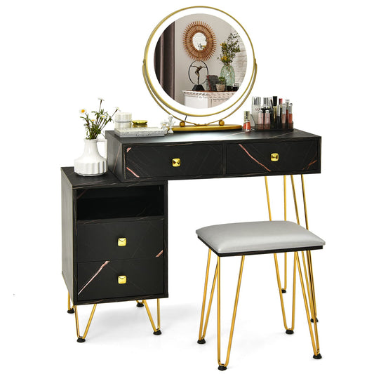 Dressing Table Set, Modern Vanity Makeup Table Stool Set with 3 Color Detachable LED Mirror (Black with Side Cabinet)