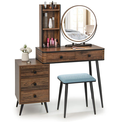 Dressing Table and Stool Set with 3-Color LED Lights Mirror, Drawers, Shelves & Charging Station, Round Mirror