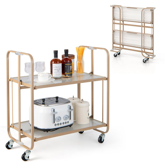 GiantexUK 2-Tier Folding Kitchen Trolley, Metal Frame Rolling Utility Cart with Lockable Wheels