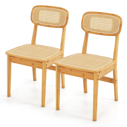 GiantexUK Dining Chairs Set of 2, Bamboo Kitchen Chairs with Faux Rattan Backrest, Polyester Mesh Seat