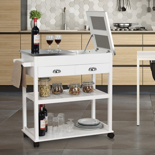 GiantexUK Kitchen Storage Trolley on Wheels, Mobile Kitchen Island with Stainless Steel Flip Top, 85x42x82cm