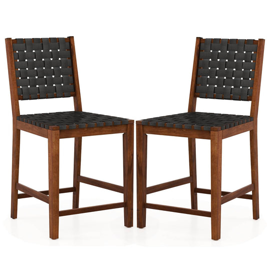 GiantexUK Bar Stools Set of 2/4, PU Leather Woven Kitchen Barstools with Backrest & Rubber Wood Footrests