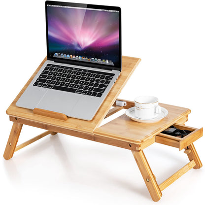 Bamboo Laptop Stand for Bed, Folding Adjustable Laptop Tray Bed Table with Tilting Top