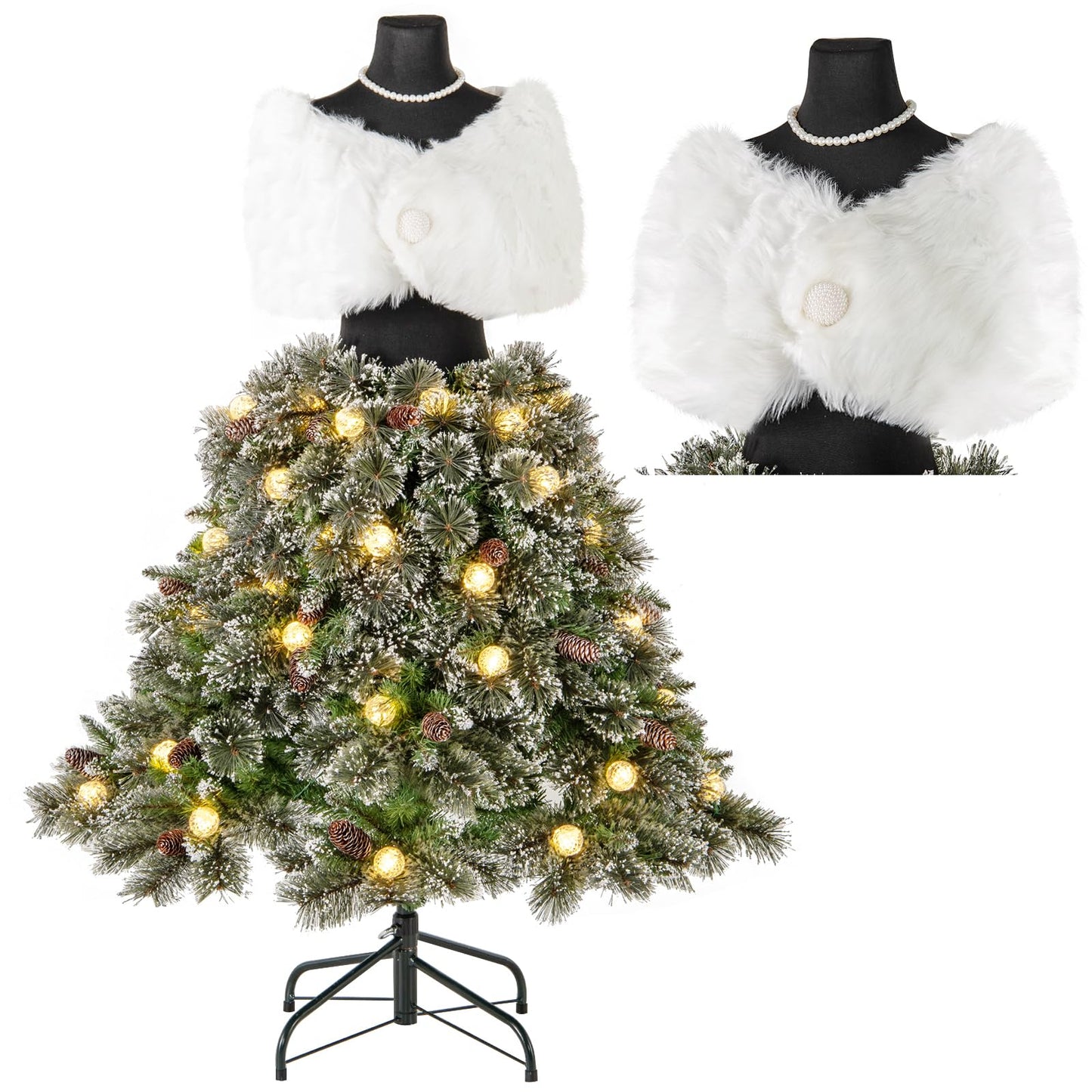 5FT Pre-lit Mannequin Artificial Christmas Tree, Dress Form Xmas Tree with 465 Branch Tips (White+Green, with 50 Light Balls)