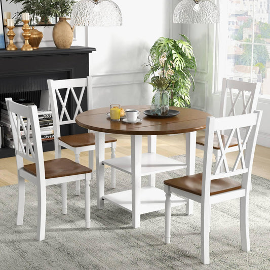 Drop Leaf Dining Table and 4 Chairs, 5 Piece Extendable Kitchen Table Set with 2-Tier Storage Shelf and High Backrest