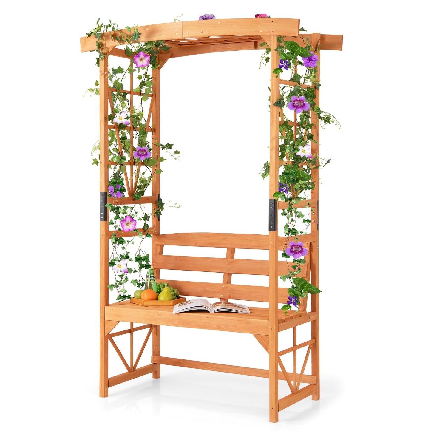 GiantexUK Garden Arch with Bench, 2-Seater Rose Trellis Pergola Pavilion Arbour