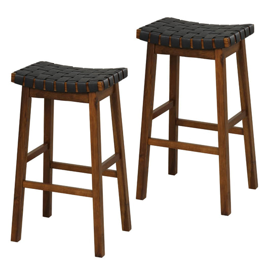 GiantexUK Saddle Stools Set of 2/4, PU Leather Woven Kitchen Counter Height Stools with Curved Seat (46x37x78cm)