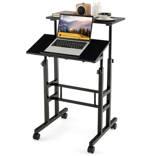 Height Adjustable Standing Desk, Mobile Laptop Table Computer Desk with Flip-over Desktop and Wheels