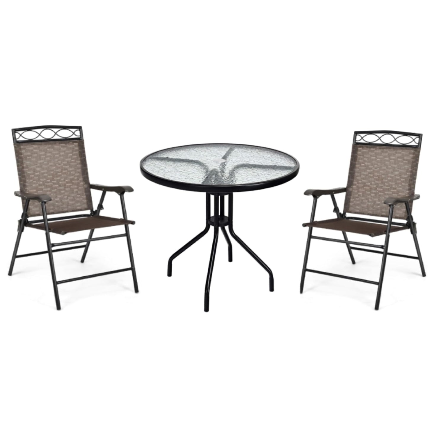 GiantexUK  Outdoor Dining Set, Patio Tempered Glass Table and Folding Chairs Set with Umbrella Hole