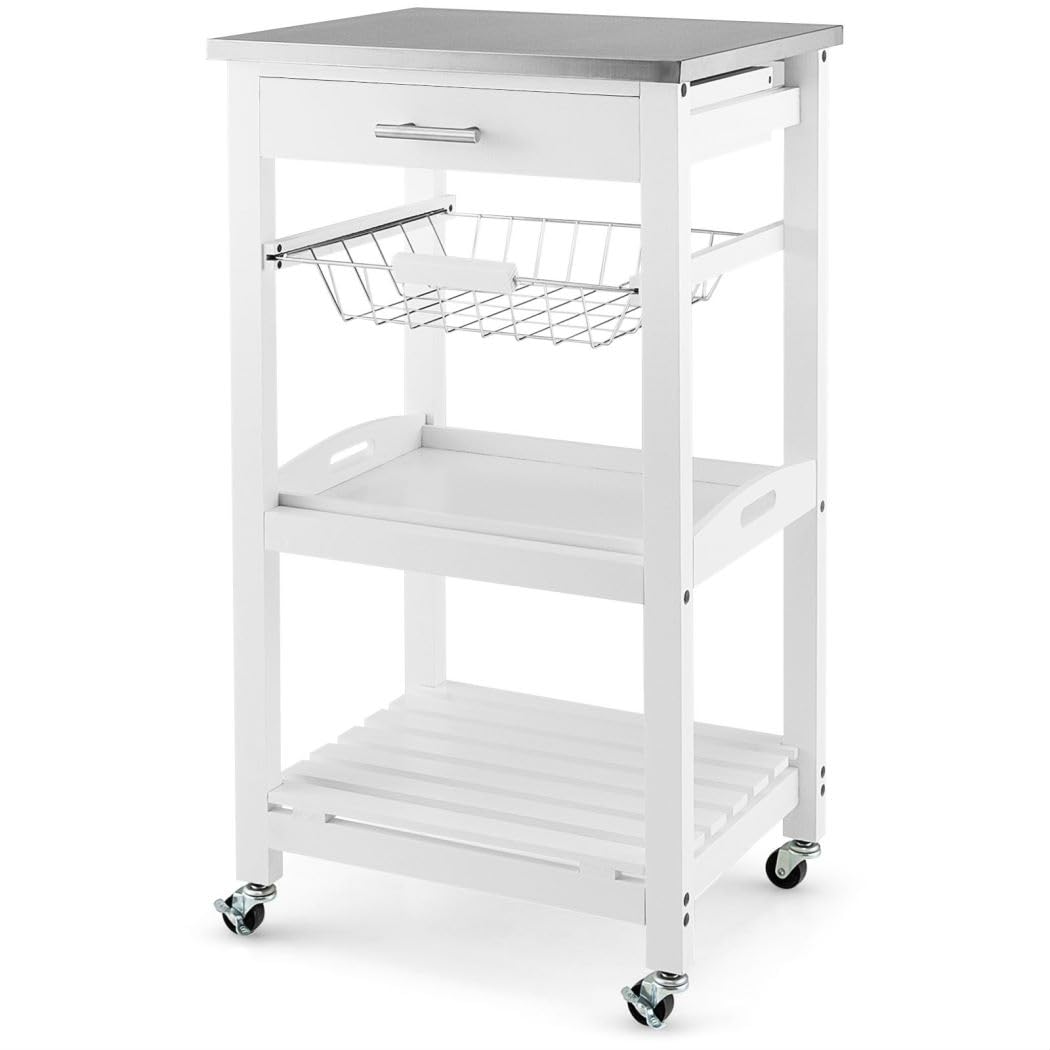 GiantexUK 4-Tier Kitchen Storage Trolley on Wheels, Rolling Storage Cart with Stainless Tabletop