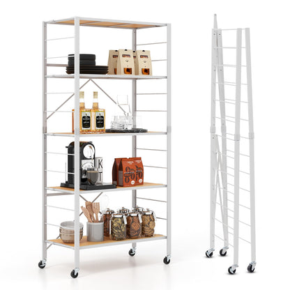 GiantexUK 5-Tier Storage Cart, Foldable Metal Frame Shelving Unit with Wheels, Adjustable Shelves & Anti-Tipping Device